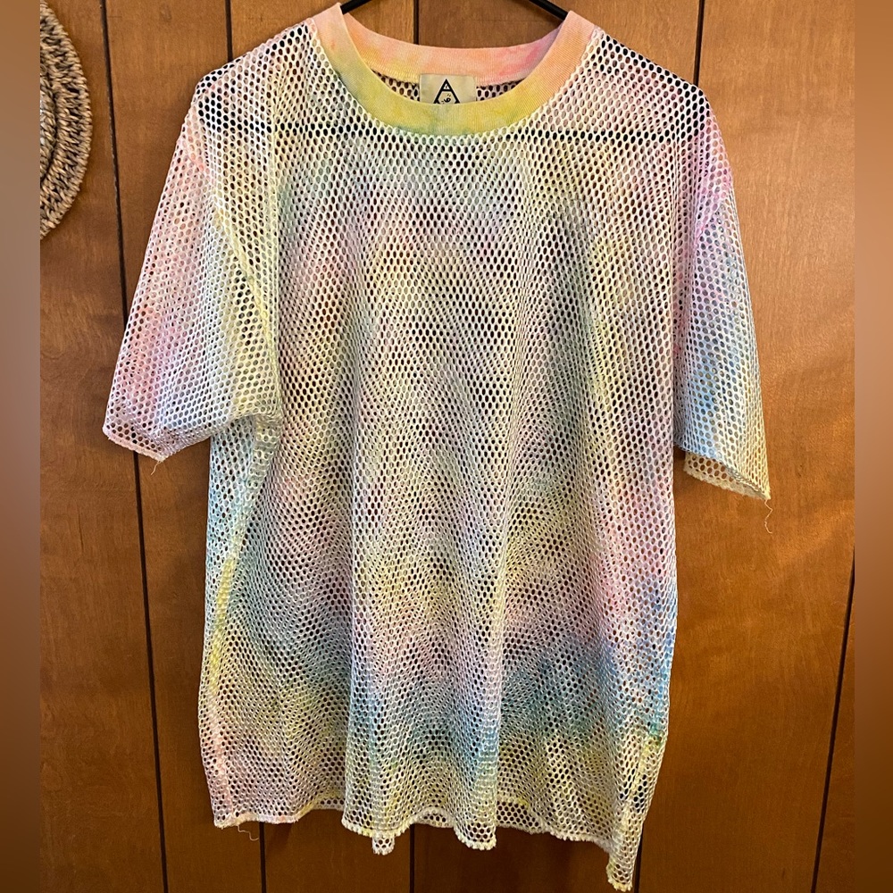 UNIF Rare HTF Mesh Sheer Rainbow Pastel Tie Dye Relapse Mesh T-Shirt Tee Top L